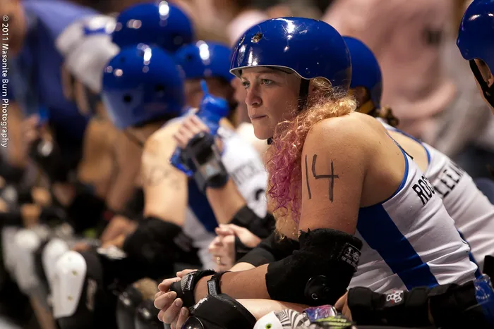 Nashville skaters on the bench at the 2011 WFTDA Championships.